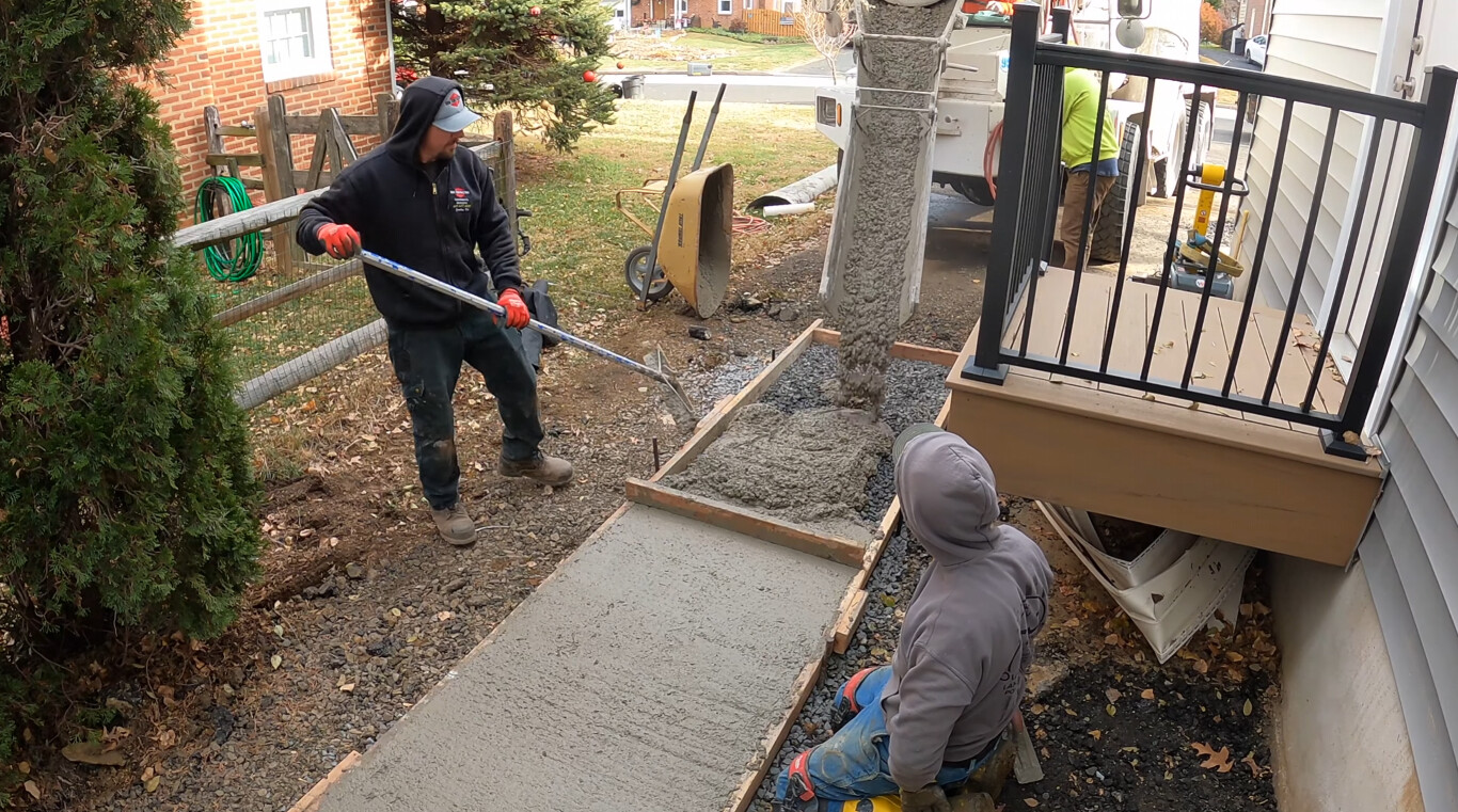 Concrete contractors pouring and finishing residential patio in Carson, CA